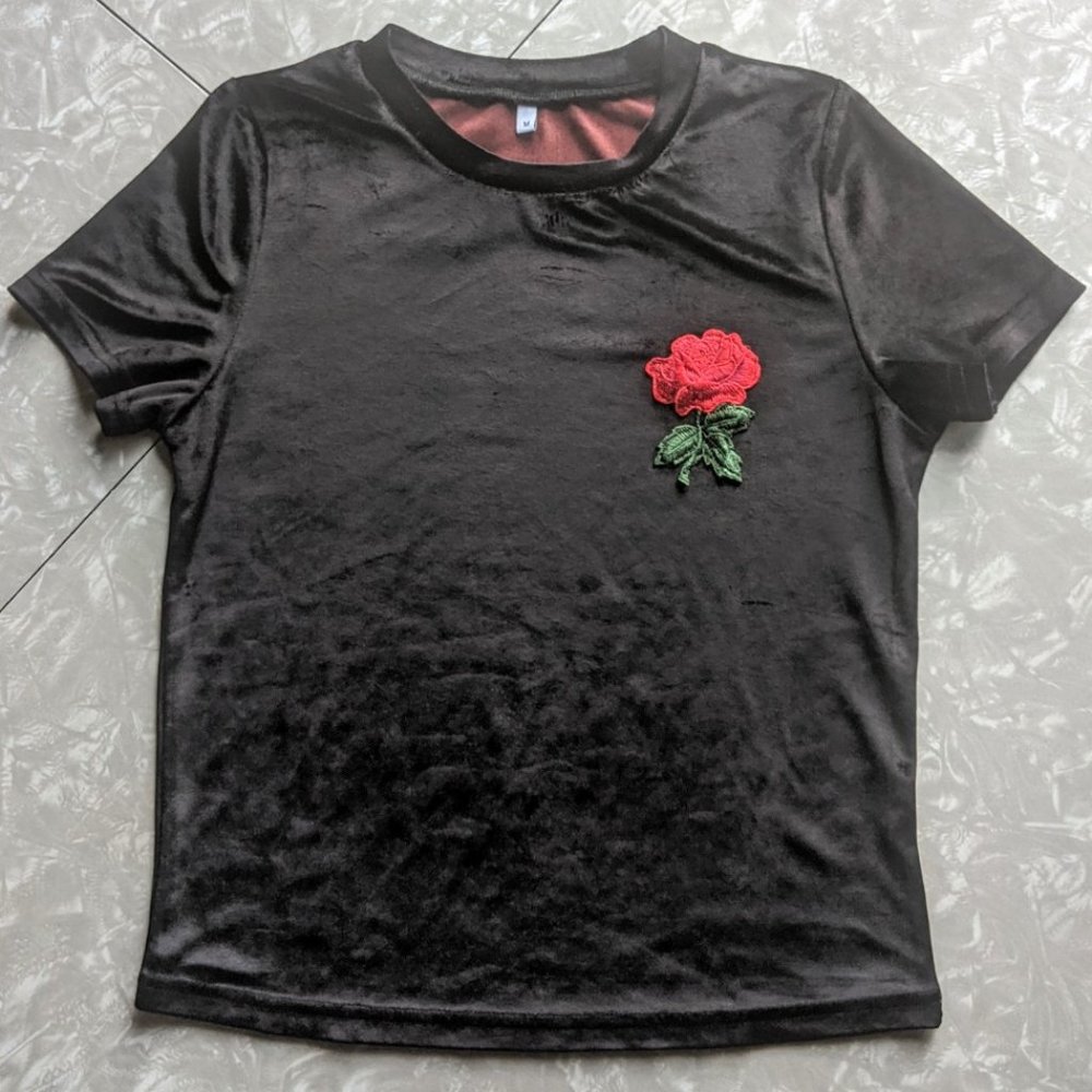 Black Velvet Rose Embellished Tee